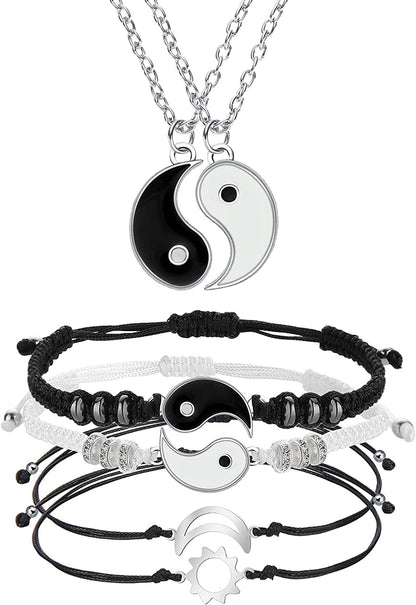 6 Pieces Matching Yin Yang Friend Couple Bracelets with Necklace Set, Adjustable Waterproof Handmade Cord Relationship Bracelets for Friendship Boyfriend Girlfriend Apparel & Accessories > Jewelry > Bracelets Yaomiao Retro Style  