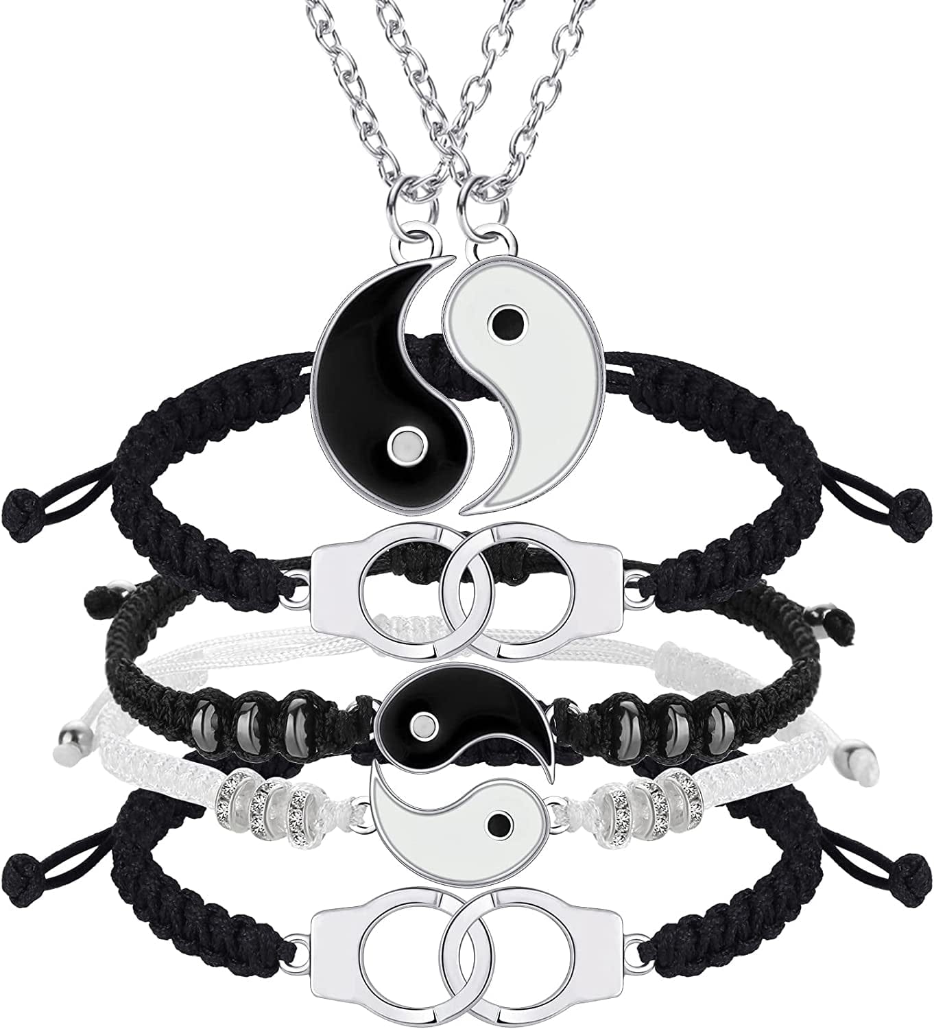 6 Pieces Matching Yin Yang Friend Couple Bracelets with Necklace Set, Adjustable Waterproof Handmade Cord Relationship Bracelets for Friendship Boyfriend Girlfriend Apparel & Accessories > Jewelry > Bracelets Yaomiao Cute Style  