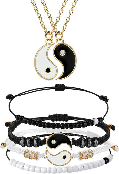 6 Pieces Matching Yin Yang Friend Couple Bracelets with Necklace Set, Adjustable Waterproof Handmade Cord Relationship Bracelets for Friendship Boyfriend Girlfriend Apparel & Accessories > Jewelry > Bracelets Yaomiao Elegant Style  