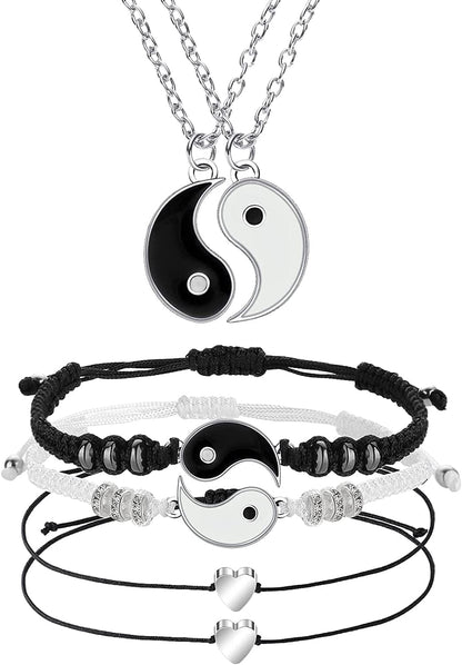 6 Pieces Matching Yin Yang Friend Couple Bracelets with Necklace Set, Adjustable Waterproof Handmade Cord Relationship Bracelets for Friendship Boyfriend Girlfriend Apparel & Accessories > Jewelry > Bracelets Yaomiao Fresh Style  