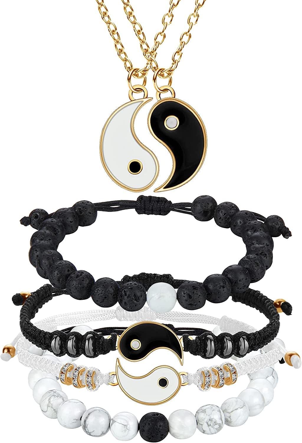6 Pieces Matching Yin Yang Friend Couple Bracelets with Necklace Set, Adjustable Waterproof Handmade Cord Relationship Bracelets for Friendship Boyfriend Girlfriend Apparel & Accessories > Jewelry > Bracelets Yaomiao Vintage Style  