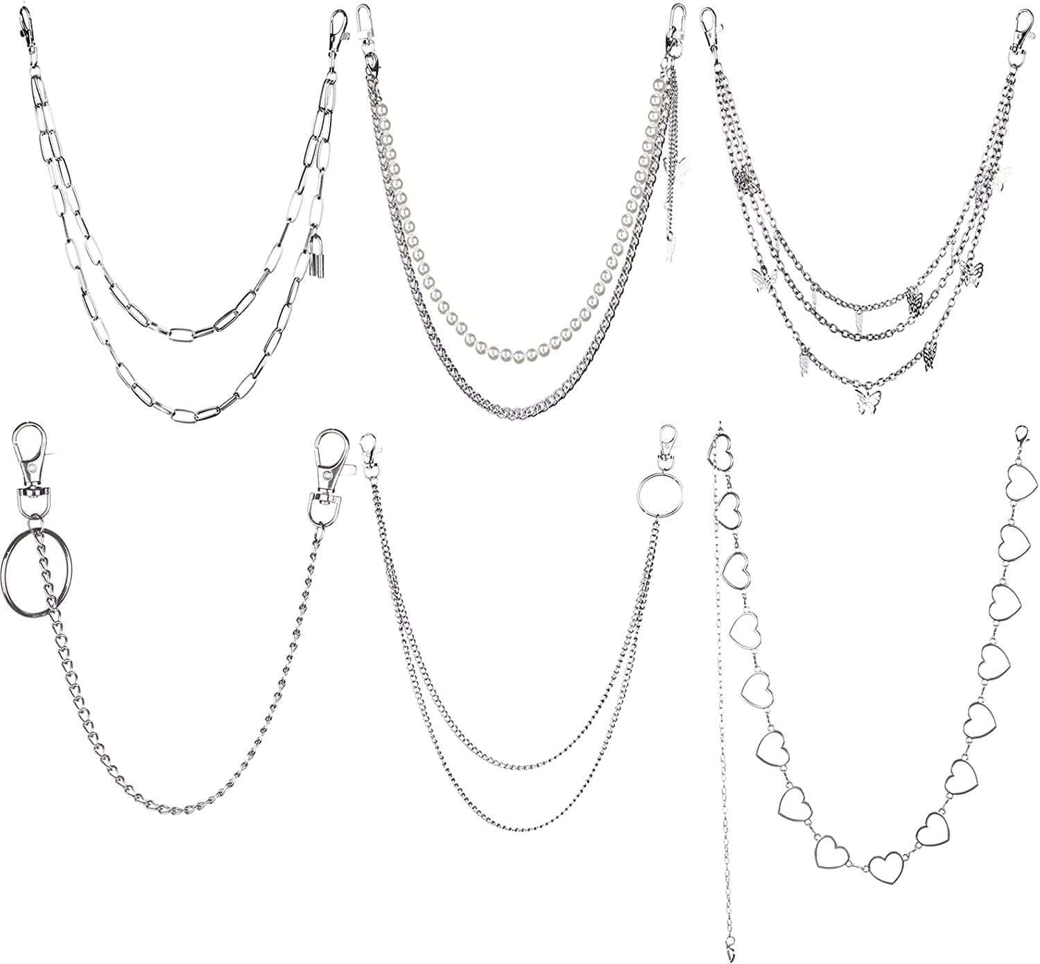 6 Pieces Punk Jeans Pants Chain Trousers Chain Heart Butterfly Pocket Waist Chain Multi-Layer Hip Hop Rock Chain Belt Punk Chain for Pants Silver Metal Wallet Chain Body Jewelry with Lobster Claw Apparel & Accessories > Jewelry > Body Jewelry Haiabei   