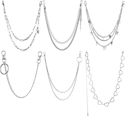 6 Pieces Punk Jeans Pants Chain Trousers Chain Heart Butterfly Pocket Waist Chain Multi-Layer Hip Hop Rock Chain Belt Punk Chain for Pants Silver Metal Wallet Chain Body Jewelry with Lobster Claw Apparel & Accessories > Jewelry > Body Jewelry Haiabei   