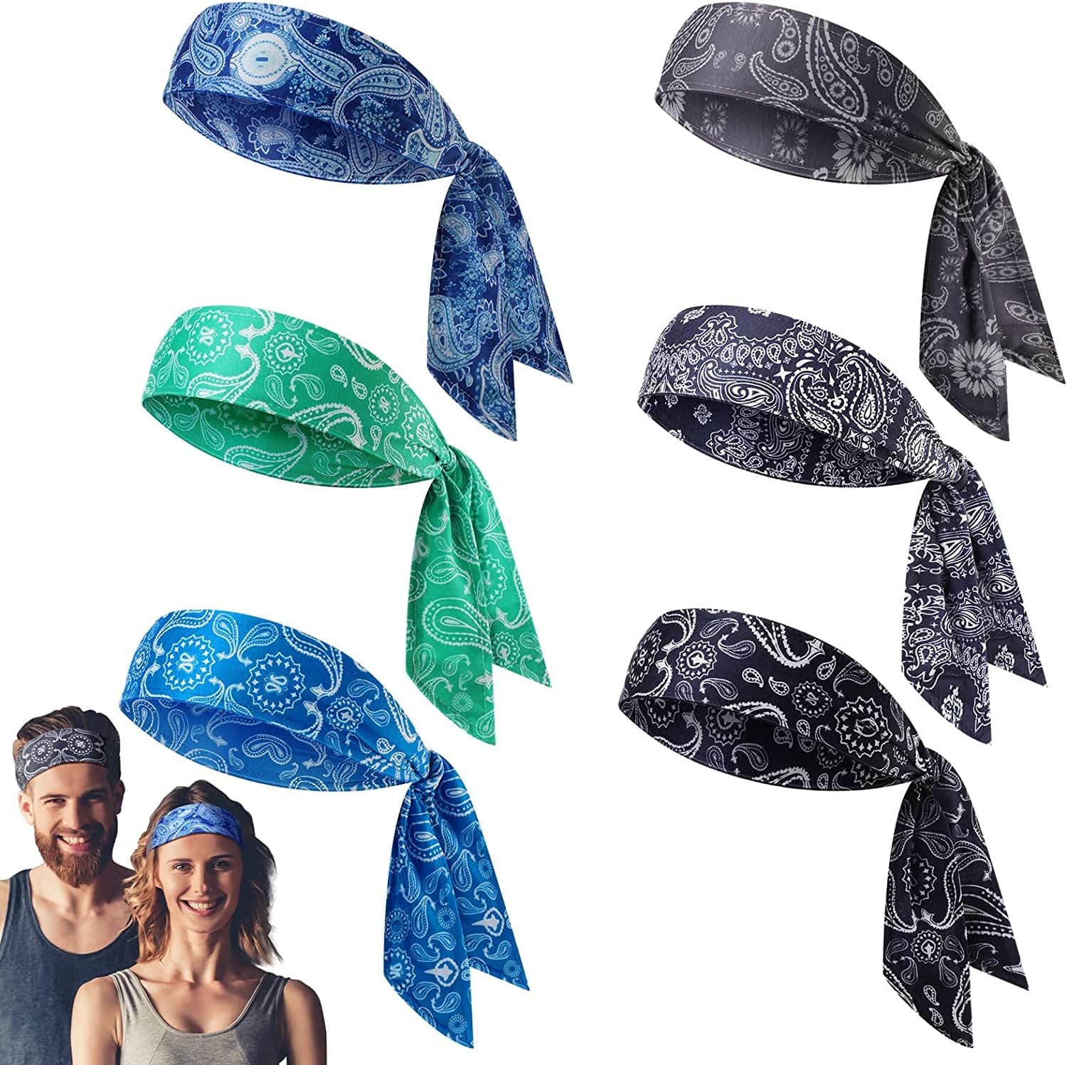 6 Pieces Tie Headband for Men Women Elastic Bandana Headband Adjustable Athletic Hair Band Bandana Sweat Wicking Headband Hair Wrap Sports Head Band Non Slip Yoga Workout Sweatbands Apparel & Accessories > Clothing Accessories > Bandanas & Headties Charniol Dark Color  