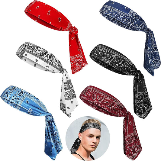 6 Pieces Tie Headband for Men Women Elastic Bandana Headband Adjustable Athletic Hair Band Bandana Sweat Wicking Headband Hair Wrap Sports Head Band Non Slip Yoga Workout Sweatbands Apparel & Accessories > Clothing Accessories > Bandanas & Headties Charniol Bright Color  