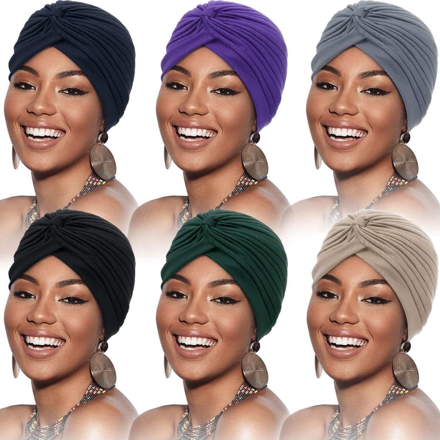 6 Pieces Turbans for Women Soft Turban Head Wrap Pleated Beanie Cap Apparel & Accessories > Clothing Accessories > Headwear SATINIOR Blue,black  