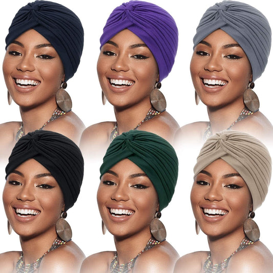 6 Pieces Turbans for Women Soft Turban Head Wrap Pleated Beanie Cap Apparel & Accessories > Clothing Accessories > Headwear SATINIOR Blue,black  