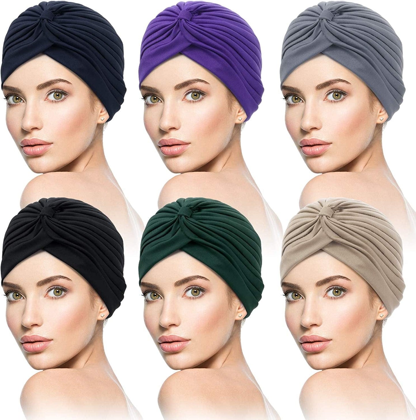 6 Pieces Turbans for Women Soft Turban Head Wrap Pleated Beanie Cap Apparel & Accessories > Clothing Accessories > Headwear SATINIOR   
