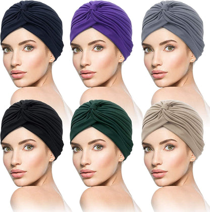 6 Pieces Turbans for Women Soft Turban Head Wrap Pleated Beanie Cap Apparel & Accessories > Clothing Accessories > Headwear SATINIOR   