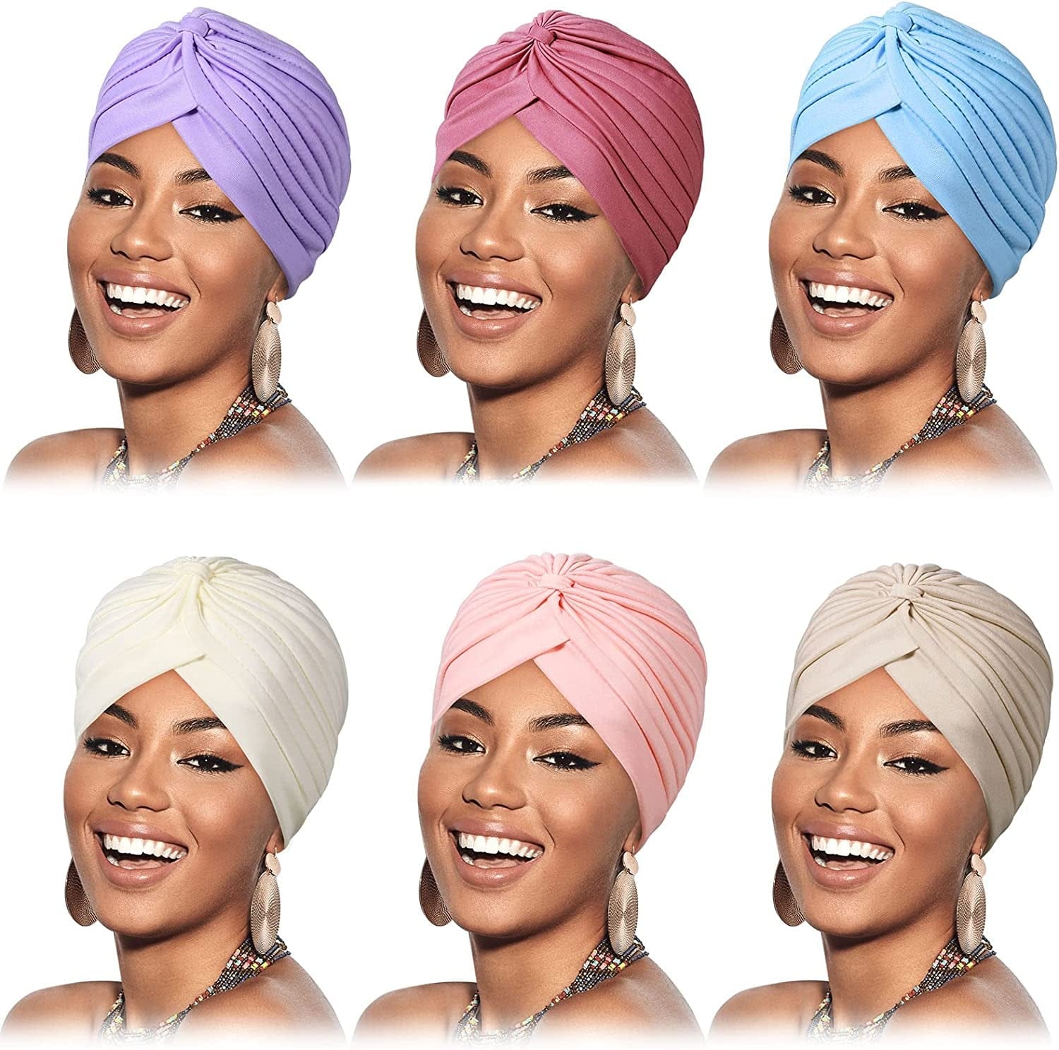 6 Pieces Turbans for Women Soft Turban Head Wrap Pleated Beanie Cap Apparel & Accessories > Clothing Accessories > Headwear SATINIOR Cream, Shell Pink, Khaki, Light Purple, Skin Purple, Blue  