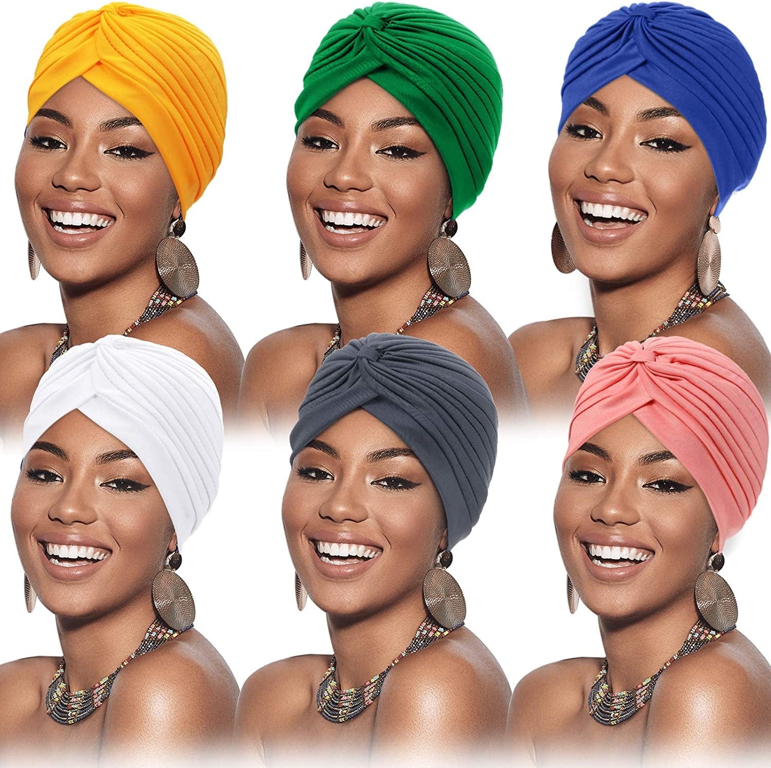 6 Pieces Turbans for Women Soft Turban Head Wrap Pleated Beanie Cap Apparel & Accessories > Clothing Accessories > Headwear SATINIOR Royal Blue,white  
