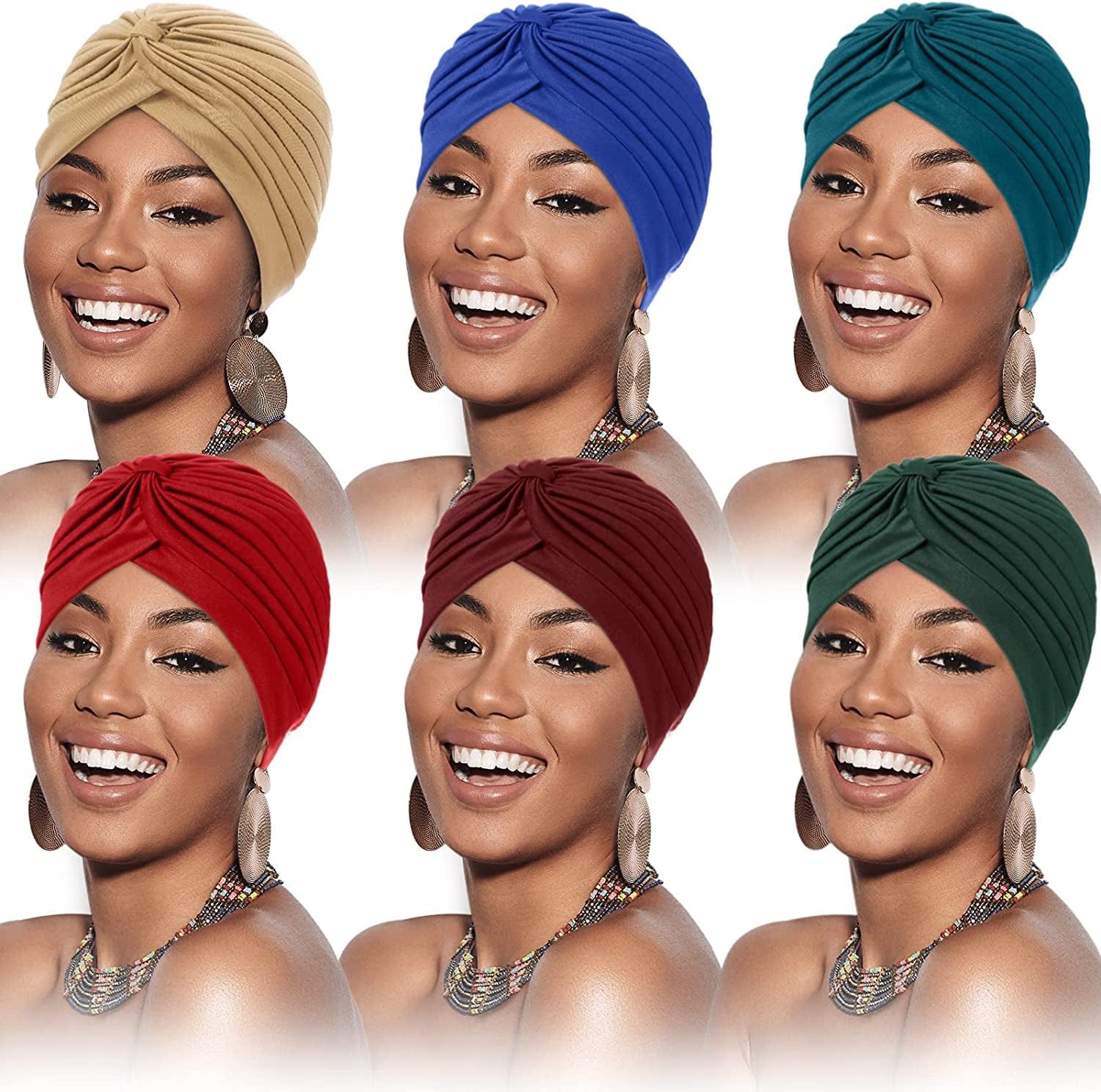 6 Pieces Turbans for Women Soft Turban Head Wrap Pleated Beanie Cap Apparel & Accessories > Clothing Accessories > Headwear SATINIOR Wine  