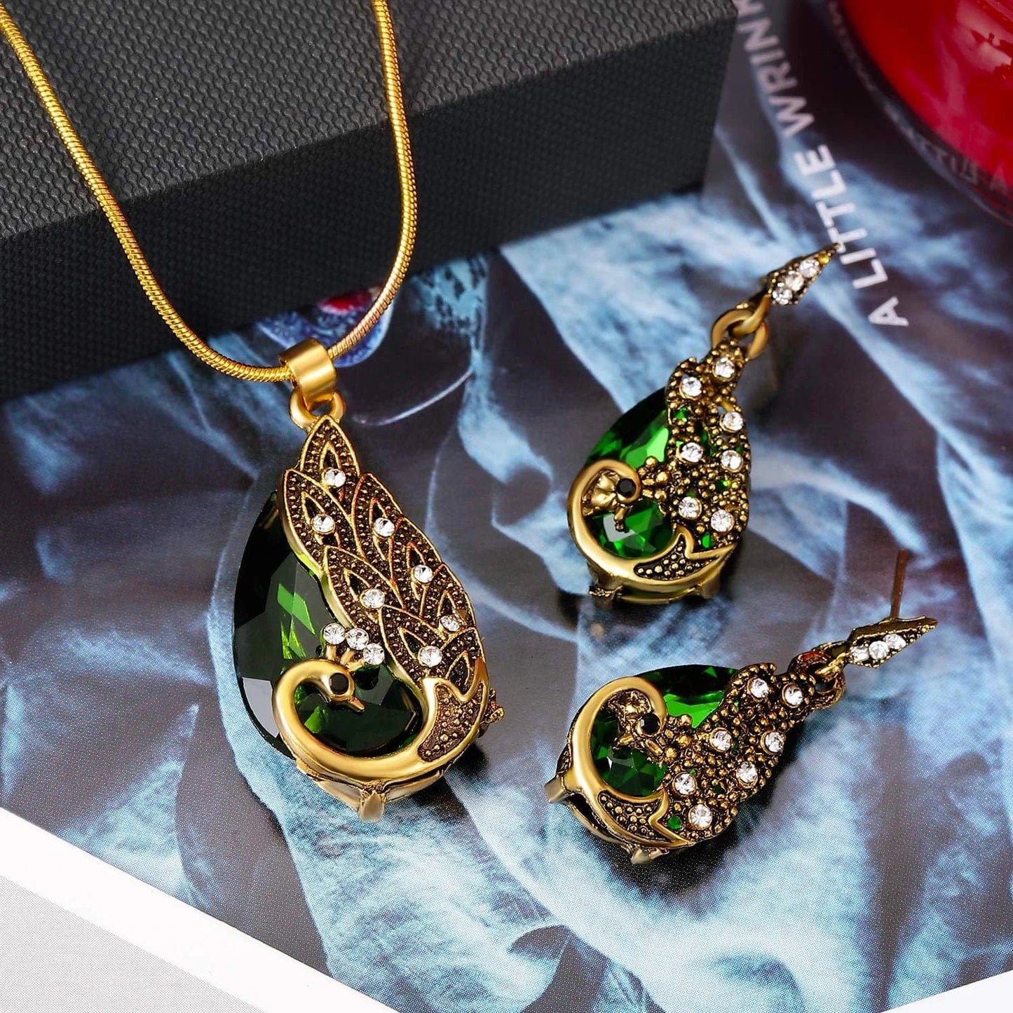 6 Pieces Women Elegant Necklace Set Peacock Waterdrop Rhinestone Pendant Necklace Crystal Peacock Pattern Earrings Jewelry