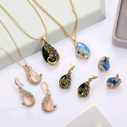 6 Pieces Women Elegant Necklace Set Peacock Waterdrop Rhinestone Pendant Necklace Crystal Peacock Pattern Earrings Jewelry