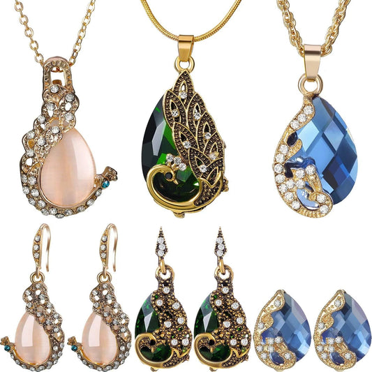 6 Pieces Women Elegant Necklace Set Peacock Waterdrop Rhinestone Pendant Necklace Crystal Peacock Pattern Earrings Jewelry