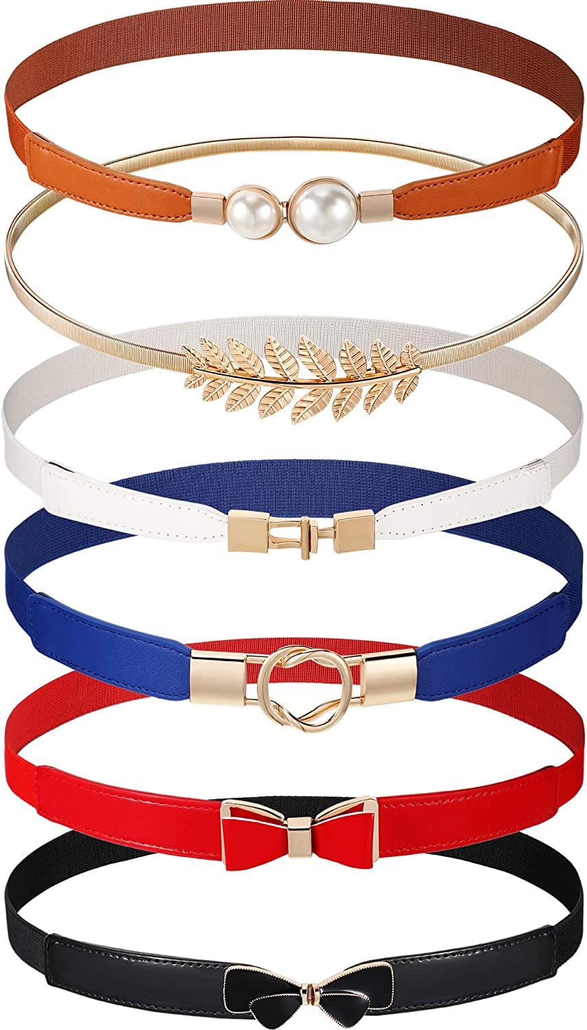 6 Pieces Women Skinny Waist Belts Stretch Waist Buckle Belts Thin Elastic Waist Cinch Belts Retro Faux Leather Waist Band with Metal Buckle for Women Girls Apparel & Accessories > Clothing Accessories > Belts Geyoga   