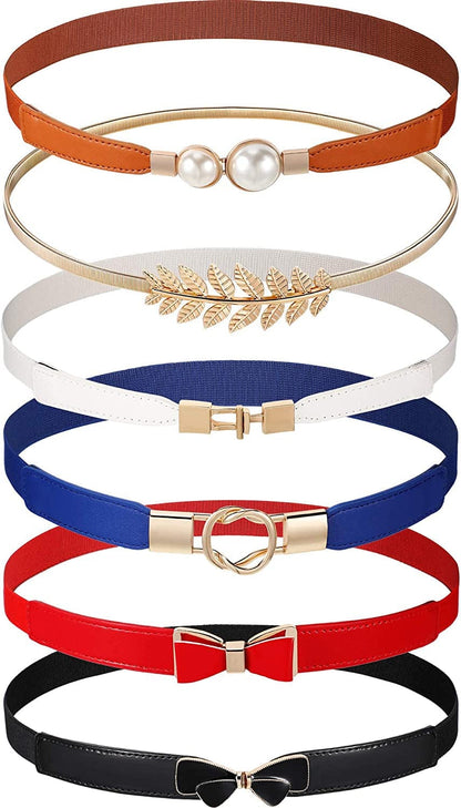 6 Pieces Women Skinny Waist Belts Stretch Waist Buckle Belts Thin Elastic Waist Cinch Belts Retro Faux Leather Waist Band with Metal Buckle for Women Girls Apparel & Accessories > Clothing Accessories > Belts Geyoga   