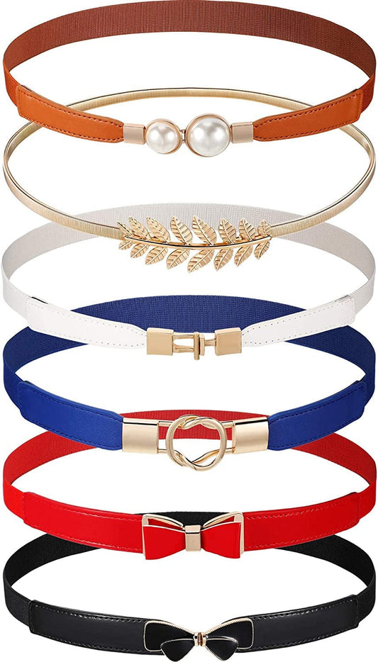 6 Pieces Women Skinny Waist Belts Stretch Waist Buckle Belts Thin Elastic Waist Cinch Belts Retro Faux Leather Waist Band with Metal Buckle for Women Girls Apparel & Accessories > Clothing Accessories > Belts Geyoga   