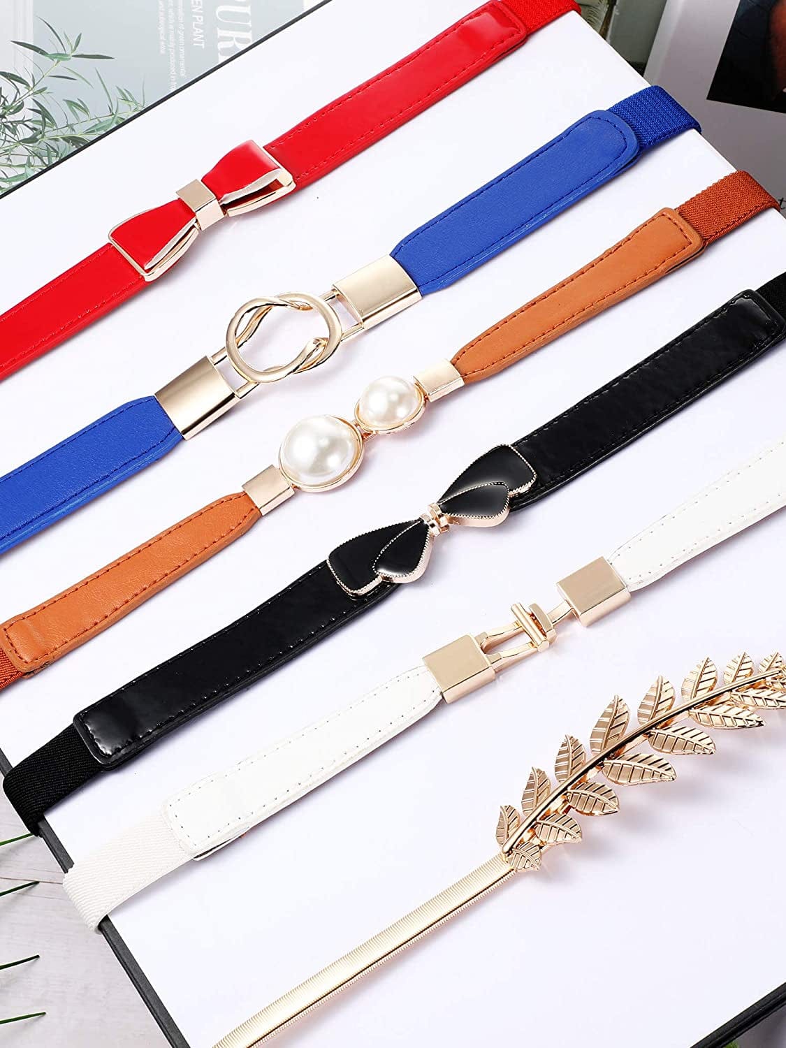 6 Pieces Women Skinny Waist Belts Stretch Waist Buckle Belts Thin Elastic Waist Cinch Belts Retro Faux Leather Waist Band with Metal Buckle for Women Girls Apparel & Accessories > Clothing Accessories > Belts Geyoga   
