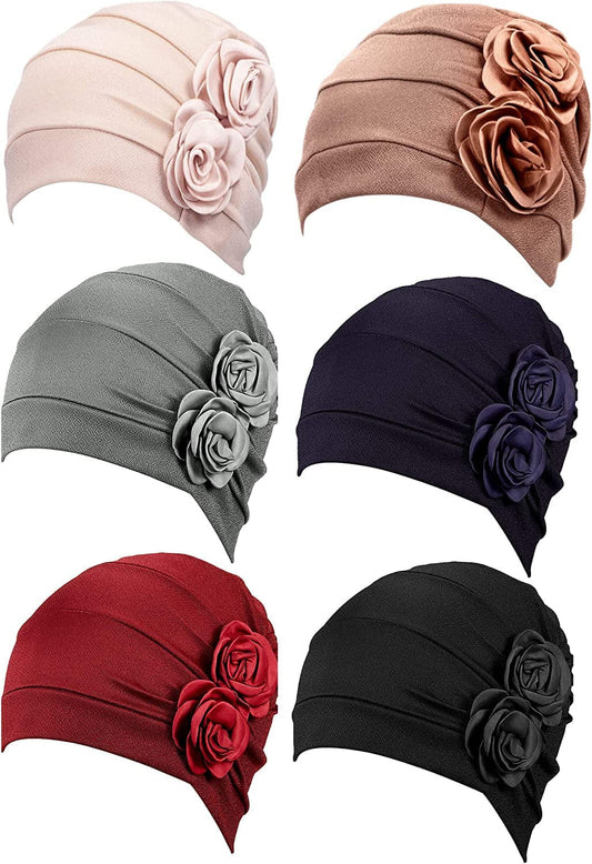 6 Pieces Women Turban Flower Caps Vintage Beanie Headscarf Elastic Headwrap Hat Apparel & Accessories > Clothing Accessories > Headwear SATINIOR Chic Colors  
