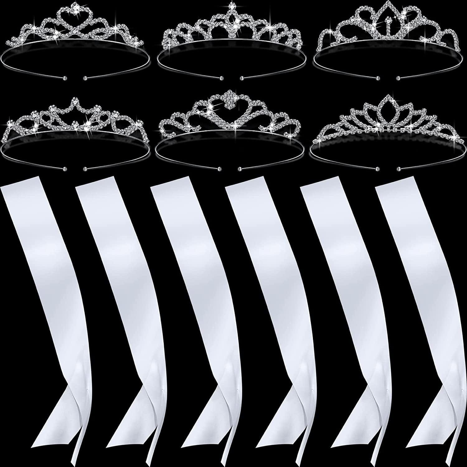 6 Set Sashes for Pageants Prom Queen Crown Blank Sashes Rhinestones Tiara Satin Sash for Wedding Prom Party Decorations DIY Apparel & Accessories > Clothing Accessories > Sashes Juinte White, Silver  