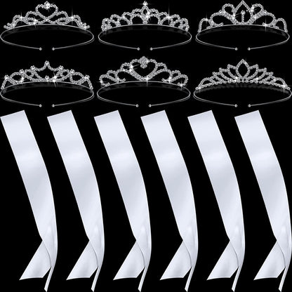 6 Set Sashes for Pageants Prom Queen Crown Blank Sashes Rhinestones Tiara Satin Sash for Wedding Prom Party Decorations DIY Apparel & Accessories > Clothing Accessories > Sashes Juinte White, Silver  