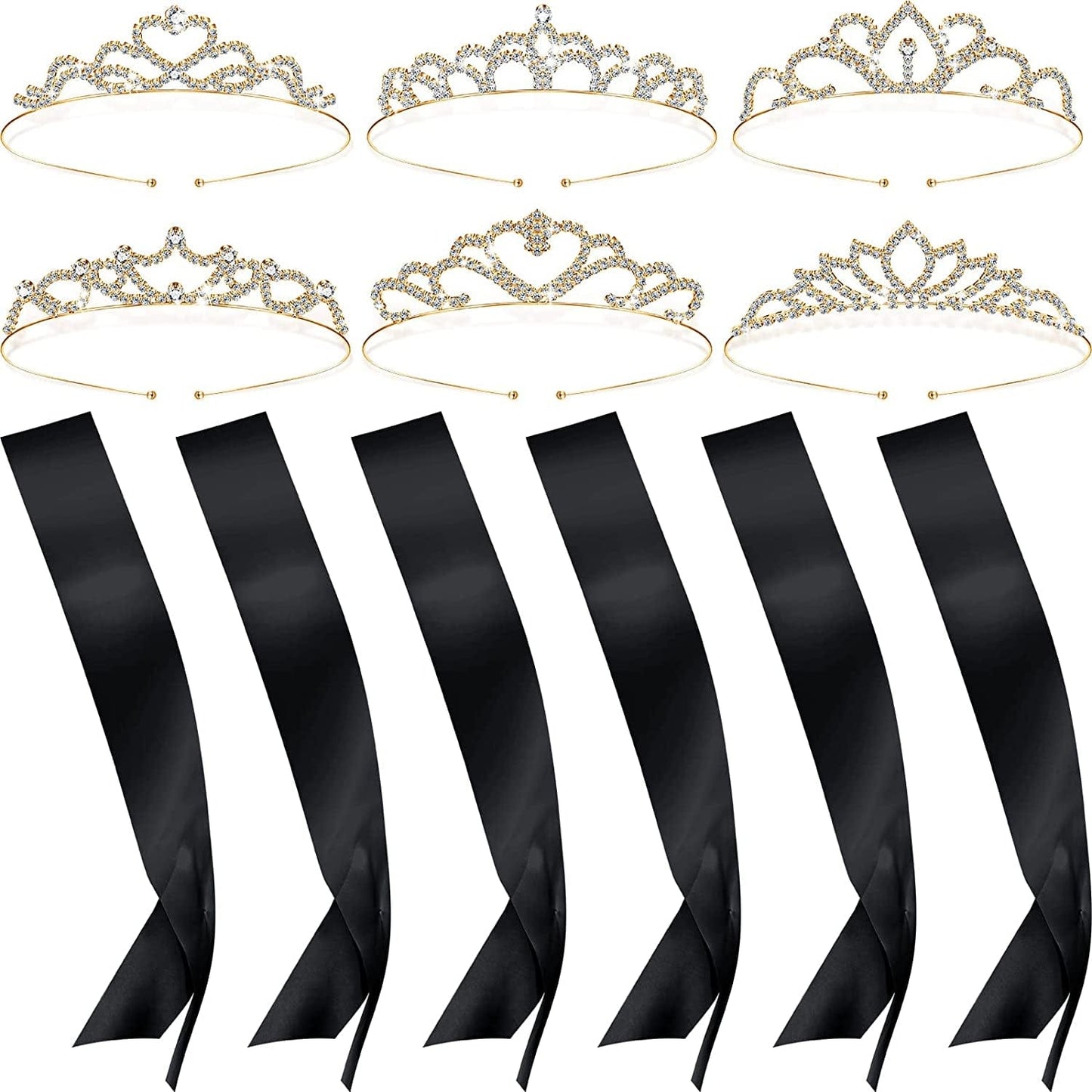 6 Set Sashes for Pageants Prom Queen Crown Blank Sashes Rhinestones Tiara Satin Sash for Wedding Prom Party Decorations DIY Apparel & Accessories > Clothing Accessories > Sashes Juinte Black, Gold  