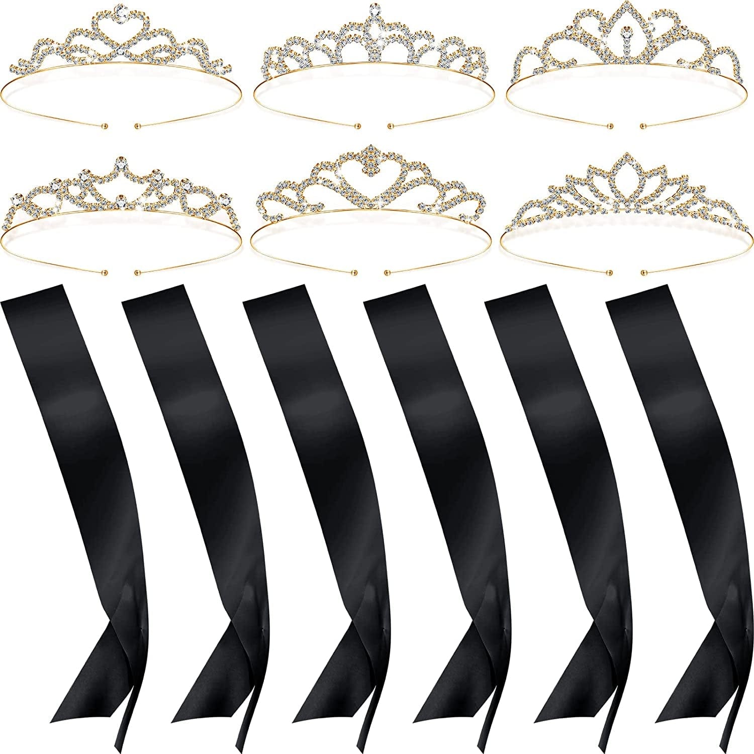6 Set Sashes for Pageants Prom Queen Crown Blank Sashes Rhinestones Tiara Satin Sash for Wedding Prom Party Decorations DIY Apparel & Accessories > Clothing Accessories > Sashes Juinte Black, Gold  