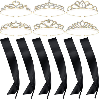 6 Set Sashes for Pageants Prom Queen Crown Blank Sashes Rhinestones Tiara Satin Sash for Wedding Prom Party Decorations DIY Apparel & Accessories > Clothing Accessories > Sashes Juinte Black, Gold  