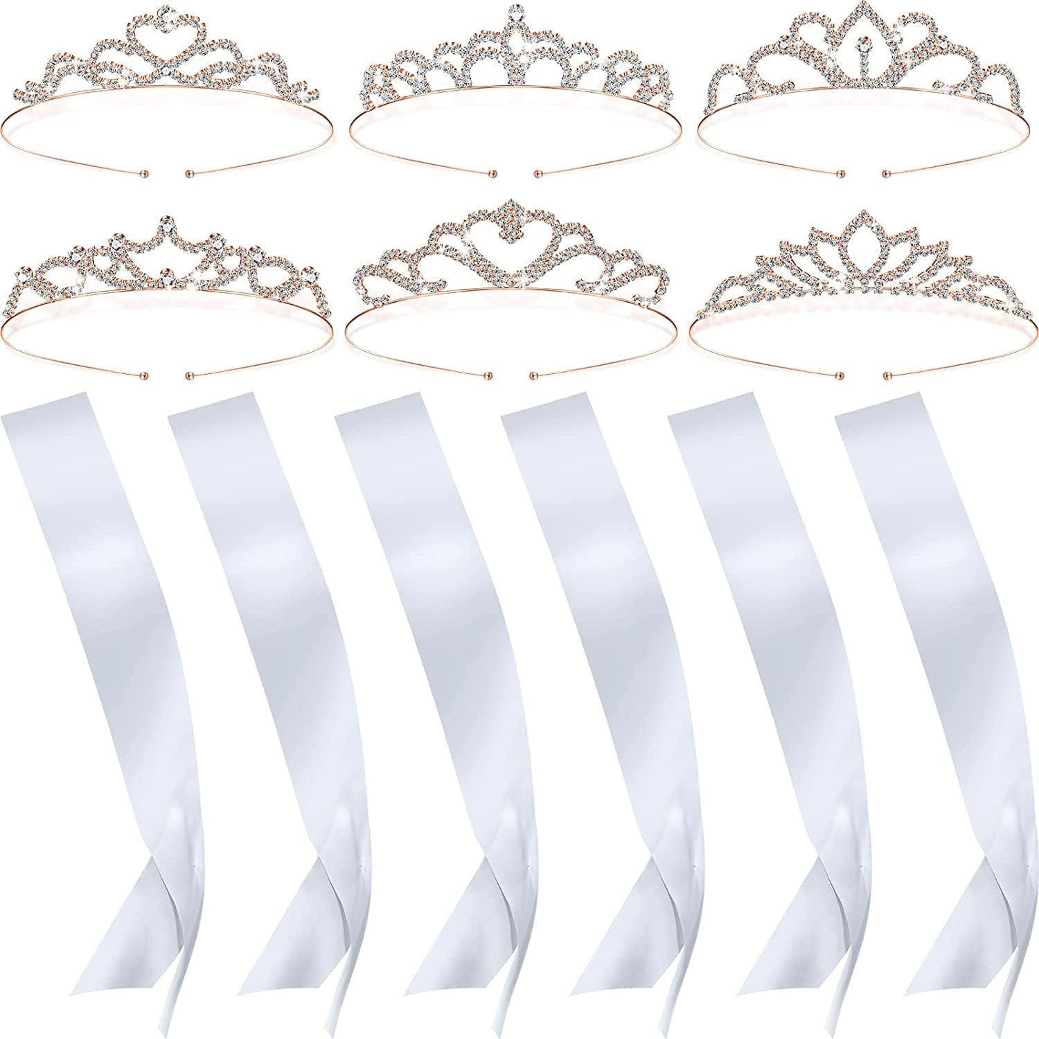 6 Set Sashes for Pageants Prom Queen Crown Blank Sashes Rhinestones Tiara Satin Sash for Wedding Prom Party Decorations DIY Apparel & Accessories > Clothing Accessories > Sashes Juinte White, Rose Gold  