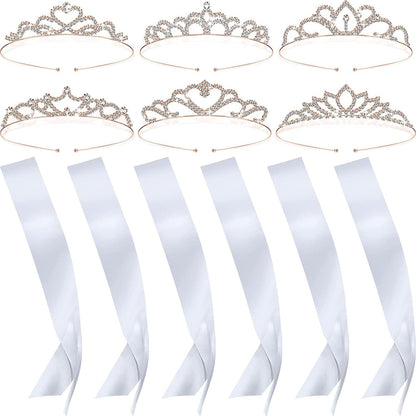 6 Set Sashes for Pageants Prom Queen Crown Blank Sashes Rhinestones Tiara Satin Sash for Wedding Prom Party Decorations DIY Apparel & Accessories > Clothing Accessories > Sashes Juinte White, Rose Gold  