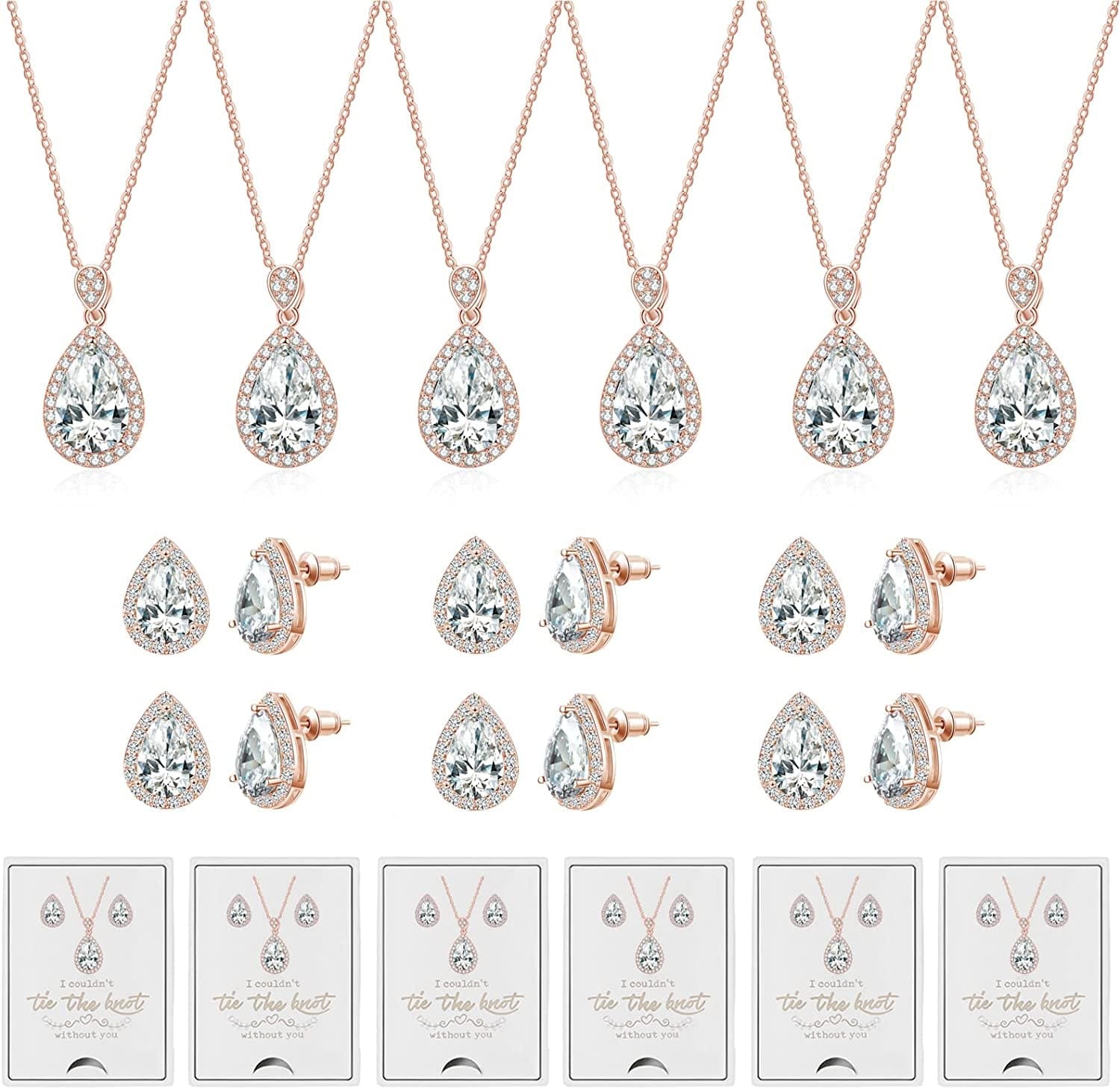 6 Sets Bridesmaid Proposal Gifts Teardrop Jewelry Set for Bridal Bridesmaid Necklace Earring Set for Wedding Jewelry Set for Women Girls C-Teardrop Jewelry-Rose Gold
