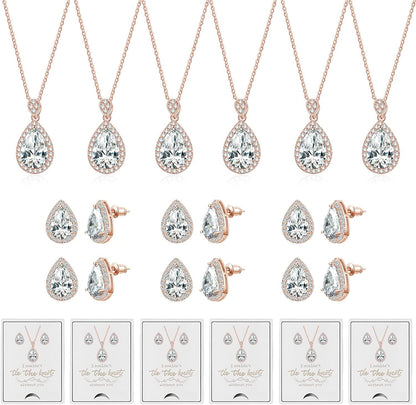 6 Sets Bridesmaid Proposal Gifts Teardrop Jewelry Set for Bridal Bridesmaid Necklace Earring Set for Wedding Jewelry Set for Women Girls C-Teardrop Jewelry-Rose Gold
