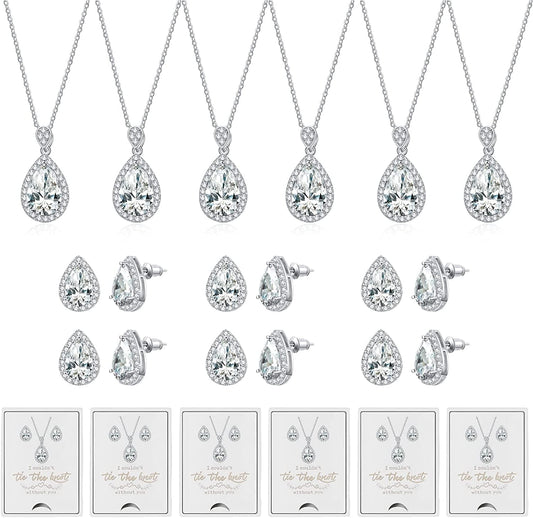 6 Sets Bridesmaid Proposal Gifts Teardrop Jewelry Set for Bridal Bridesmaid Necklace Earring Set for Wedding Jewelry Set for Women Girls A-Teardrop Jewelry-Silver