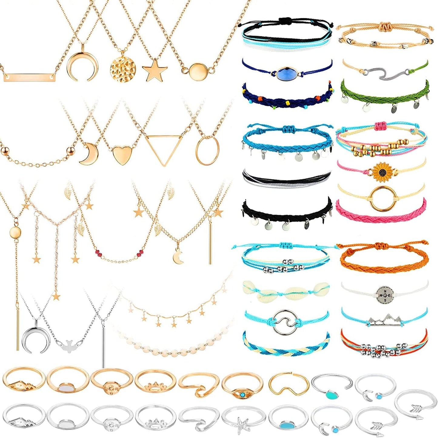 60 Pcs Surfer Wave Strand Bracelet Summer Layered Choker Pendant Necklace Adjustable Multilayer Chain Necklaces Adjustable Bracelet Handmade Sunflower Rope Anklets Knuckle Rings Vivid