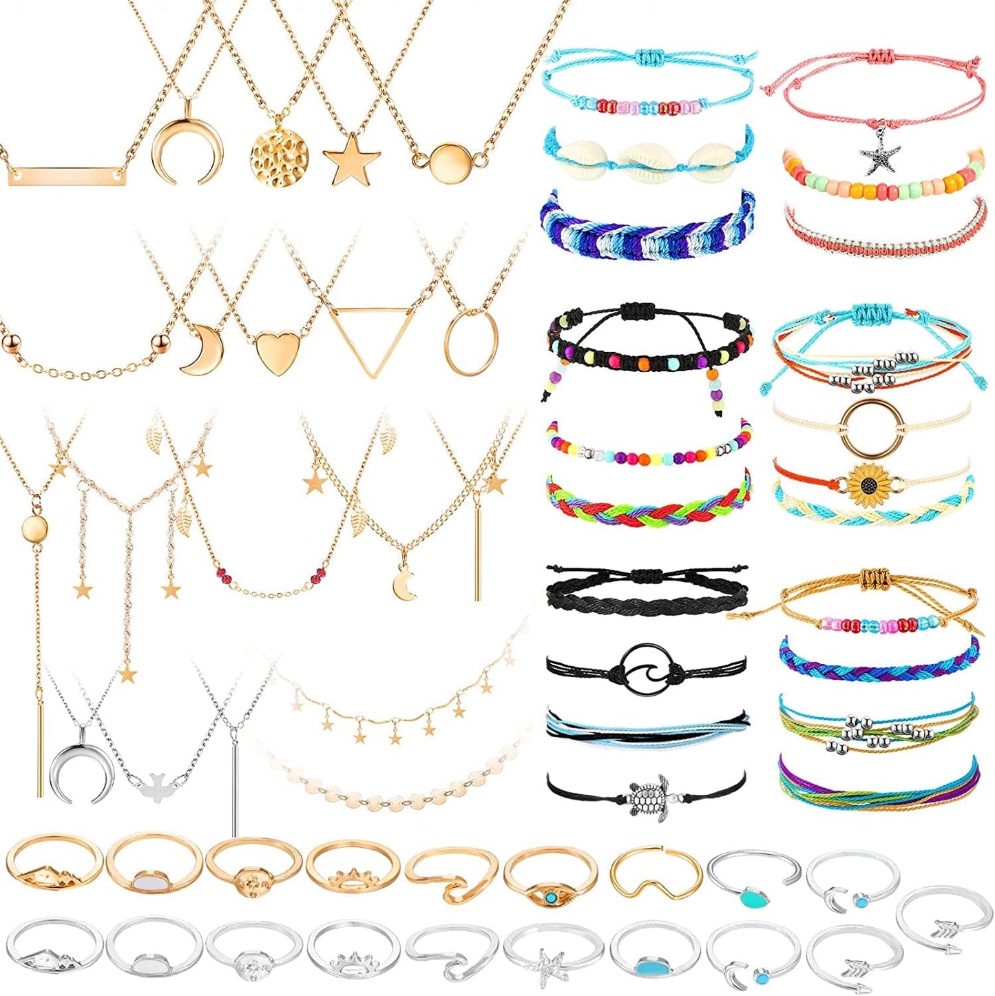 60 Pcs Surfer Wave Strand Bracelet Summer Layered Choker Pendant Necklace Adjustable Multilayer Chain Necklaces Adjustable Bracelet Handmade Sunflower Rope Anklets Knuckle Rings Bright
