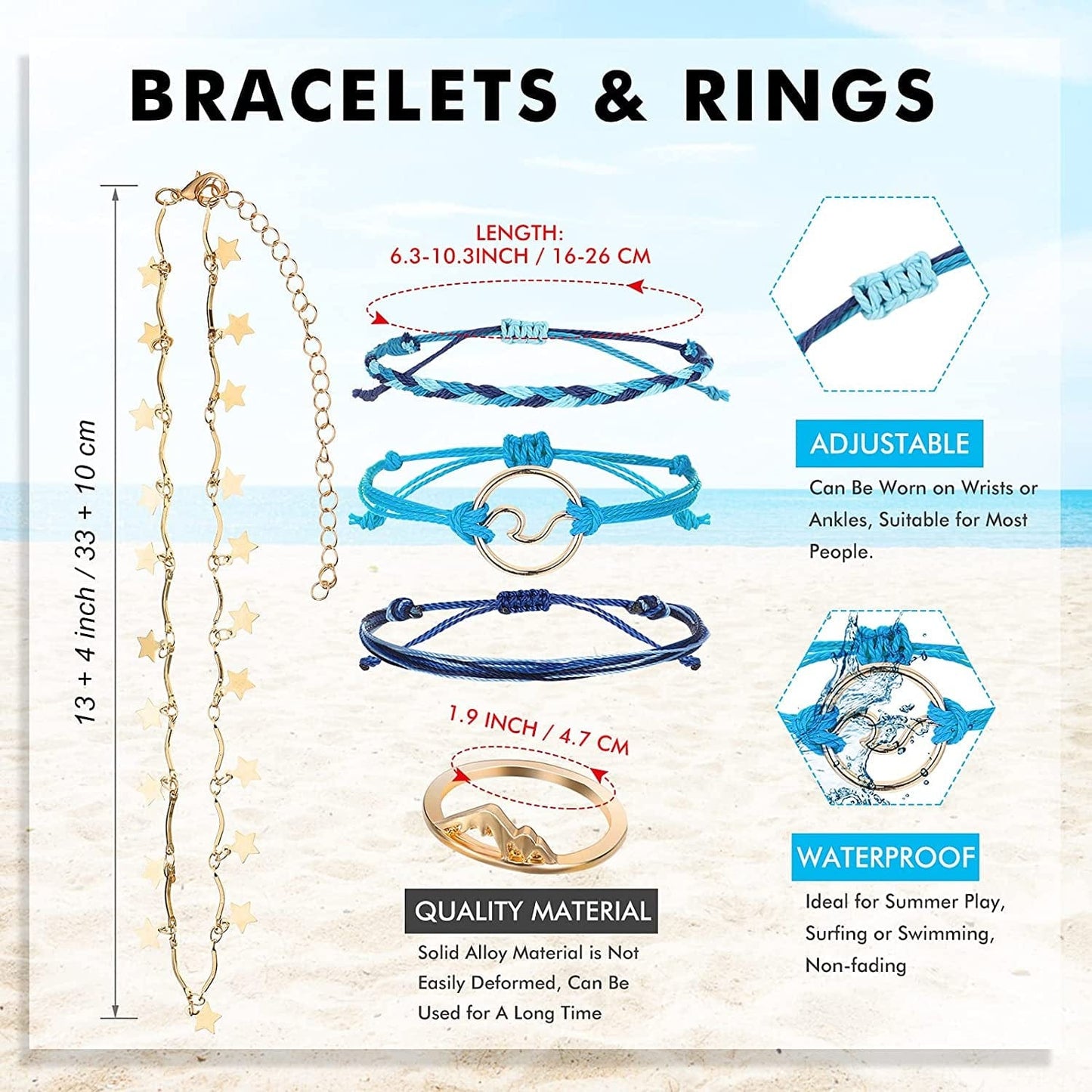60 Pcs Surfer Wave Strand Bracelet Summer Layered Choker Pendant Necklace Adjustable Multilayer Chain Necklaces Adjustable Bracelet Handmade Sunflower Rope Anklets Knuckle Rings