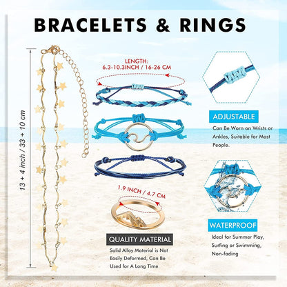 60 Pcs Surfer Wave Strand Bracelet Summer Layered Choker Pendant Necklace Adjustable Multilayer Chain Necklaces Adjustable Bracelet Handmade Sunflower Rope Anklets Knuckle Rings
