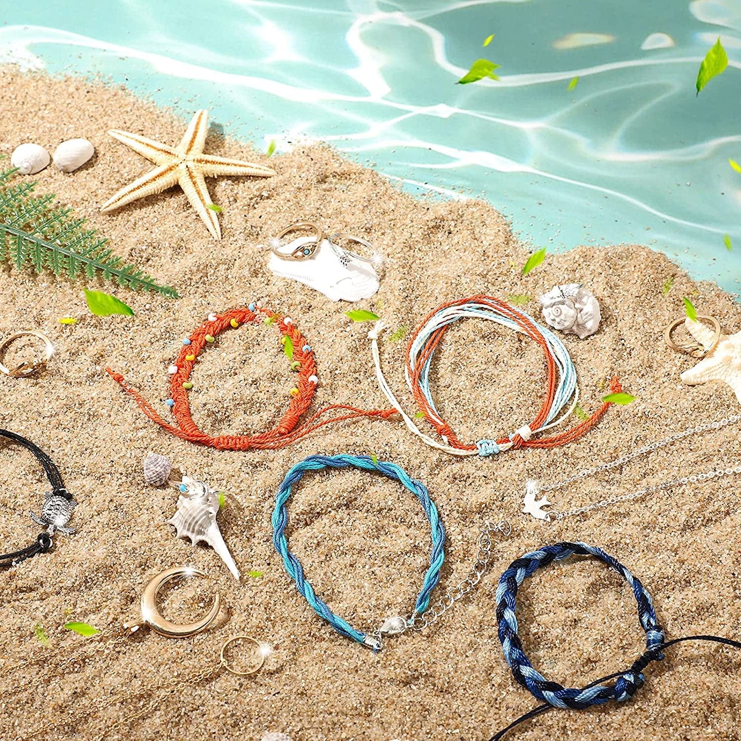 60 Pcs Surfer Wave Strand Bracelet Summer Layered Choker Pendant Necklace Adjustable Multilayer Chain Necklaces Adjustable Bracelet Handmade Sunflower Rope Anklets Knuckle Rings