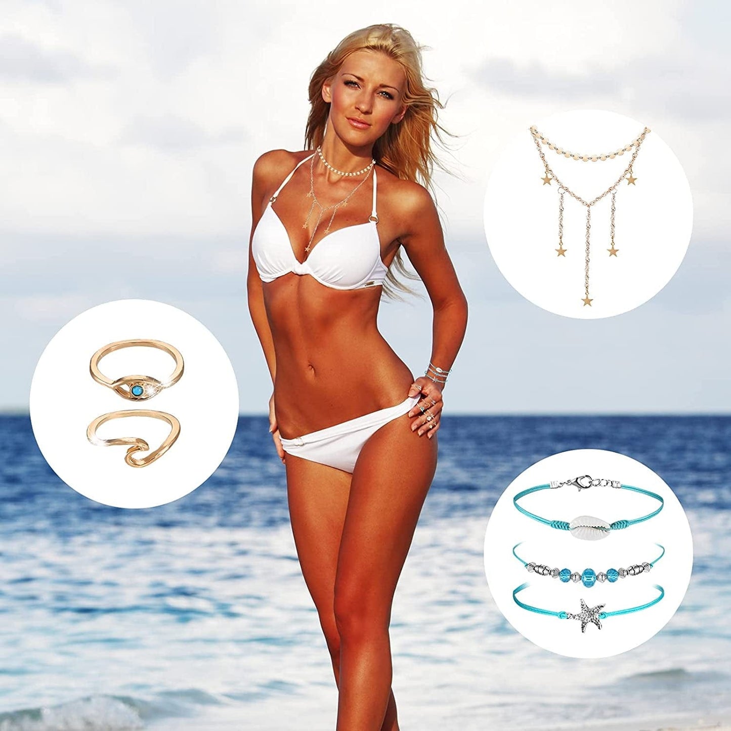 60 Pcs Surfer Wave Strand Bracelet Summer Layered Choker Pendant Necklace Adjustable Multilayer Chain Necklaces Adjustable Bracelet Handmade Sunflower Rope Anklets Knuckle Rings