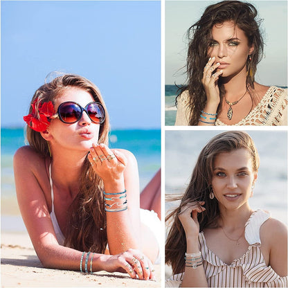 60 Pcs Surfer Wave Strand Bracelet Summer Layered Choker Pendant Necklace Adjustable Multilayer Chain Necklaces Adjustable Bracelet Handmade Sunflower Rope Anklets Knuckle Rings