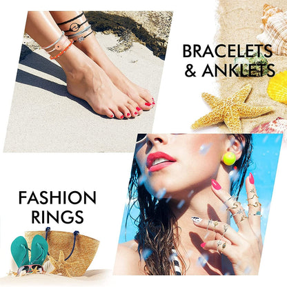 60 Pcs Surfer Wave Strand Bracelet Summer Layered Choker Pendant Necklace Adjustable Multilayer Chain Necklaces Adjustable Bracelet Handmade Sunflower Rope Anklets Knuckle Rings