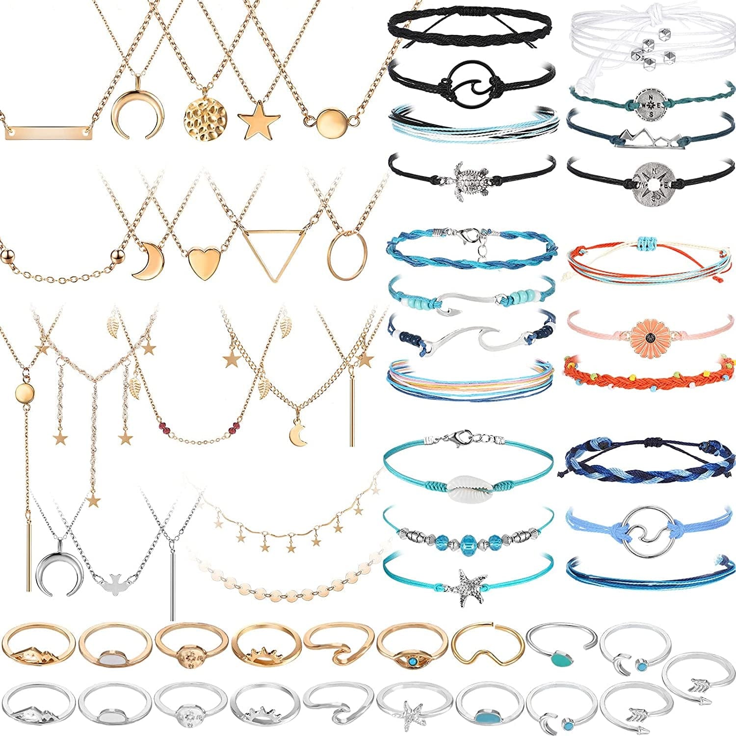 60 Pcs Surfer Wave Strand Bracelet Summer Layered Choker Pendant Necklace Adjustable Multilayer Chain Necklaces Adjustable Bracelet Handmade Sunflower Rope Anklets Knuckle Rings Cute