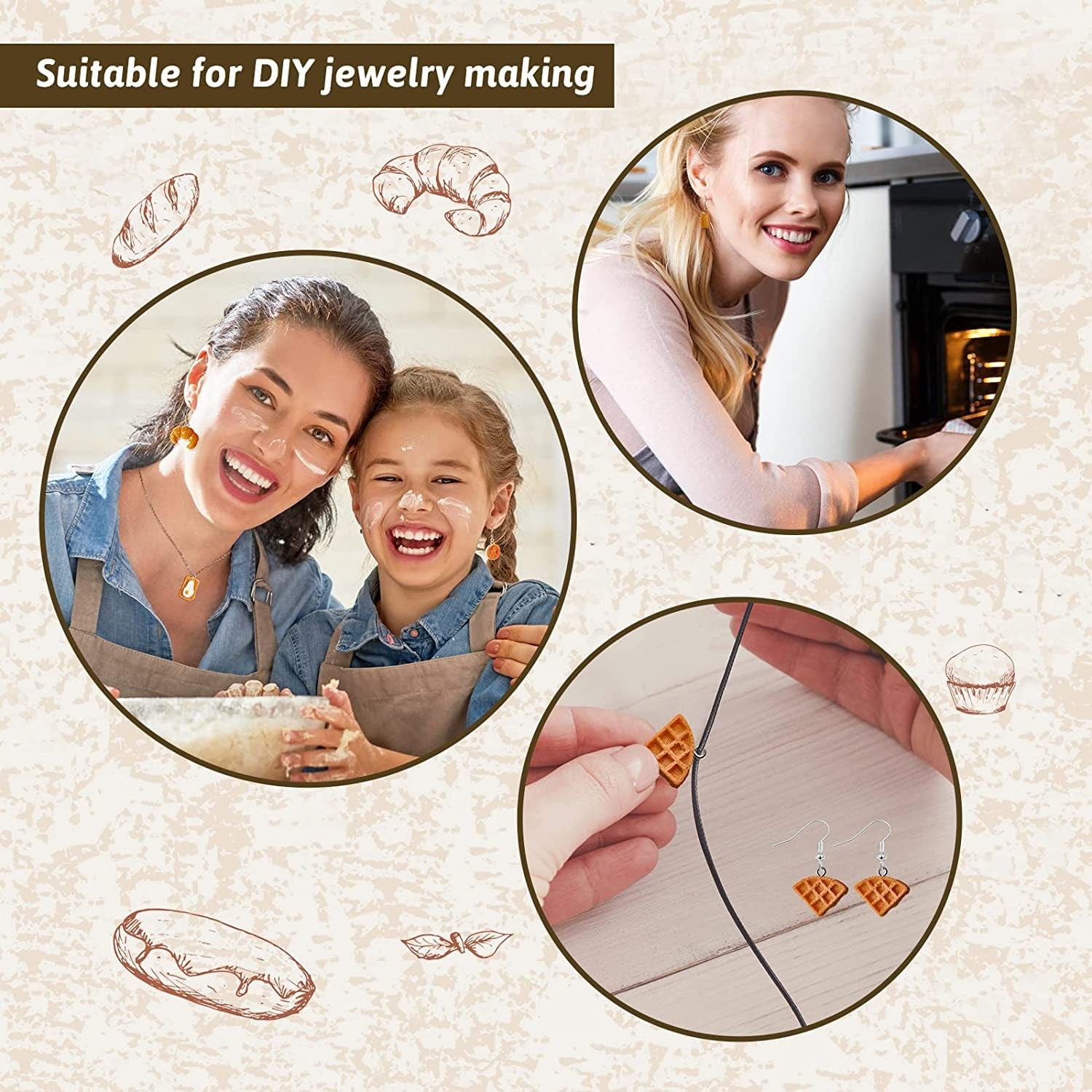 60 Pieces Handmade Simulation Food Bread Toast Pendant Charms Hanging Food Charms DIY Baking Charms for Earrings Imitation Resin Charms for Jewelry Making Necklace Earring Children Girls DIY Craft