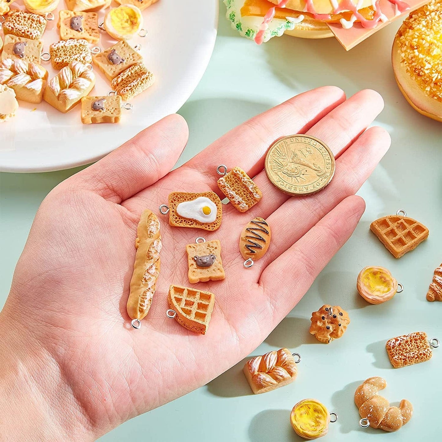 60 Pieces Handmade Simulation Food Bread Toast Pendant Charms Hanging Food Charms DIY Baking Charms for Earrings Imitation Resin Charms for Jewelry Making Necklace Earring Children Girls DIY Craft