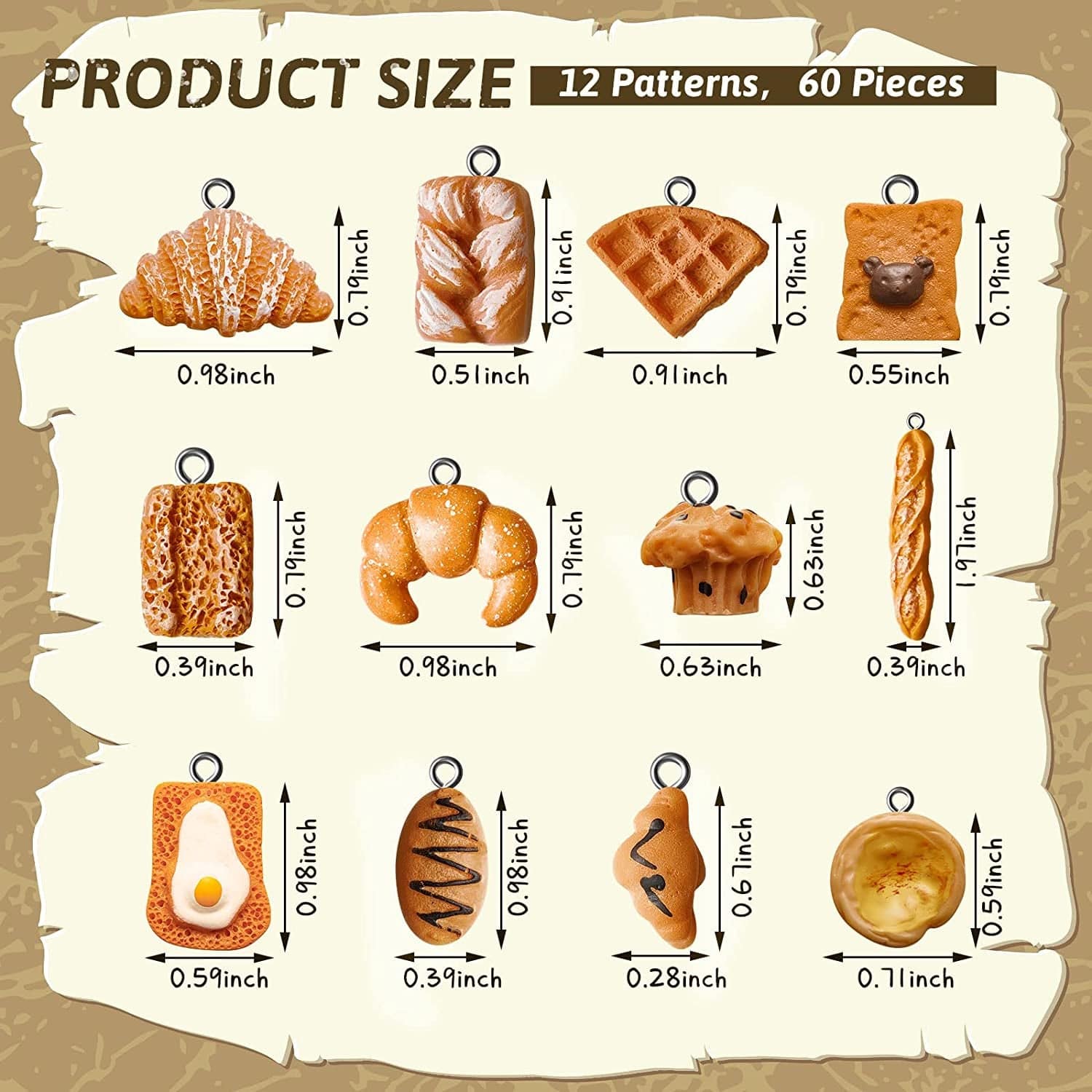 60 Pieces Handmade Simulation Food Bread Toast Pendant Charms Hanging Food Charms DIY Baking Charms for Earrings Imitation Resin Charms for Jewelry Making Necklace Earring Children Girls DIY Craft