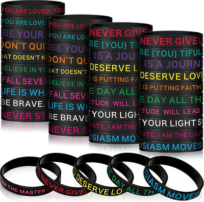 60 Pieces Motivational Quote Rubber Wristbands Colored Inspirational Silicone Bracelets Stretch Unisex Wristbands for Women Men Teen Gifts, 20 Styles Apparel & Accessories > Jewelry > Bracelets Sumind Dark Colors  