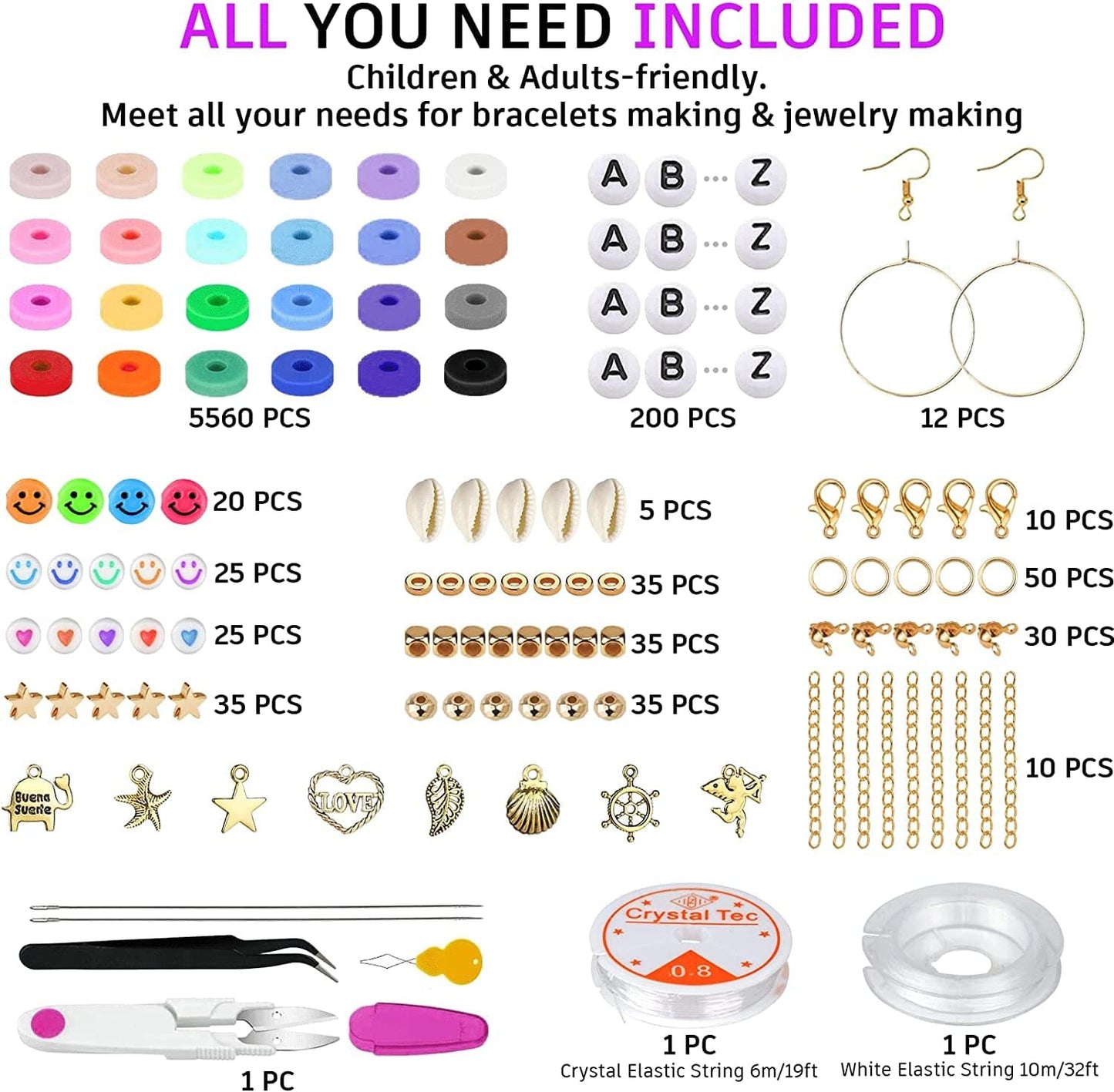 6000 Pcs Clay Beads for Bracelet Making, 24 Colors Flat round Polymer Clay Beads 6Mm Spacer Heishi Beads with Pendant Charms Kit and Elastic Strings for Jewelry Making Kit Bracelets Necklace