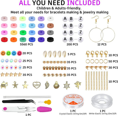 6000 Pcs Clay Beads for Bracelet Making, 24 Colors Flat round Polymer Clay Beads 6Mm Spacer Heishi Beads with Pendant Charms Kit and Elastic Strings for Jewelry Making Kit Bracelets Necklace