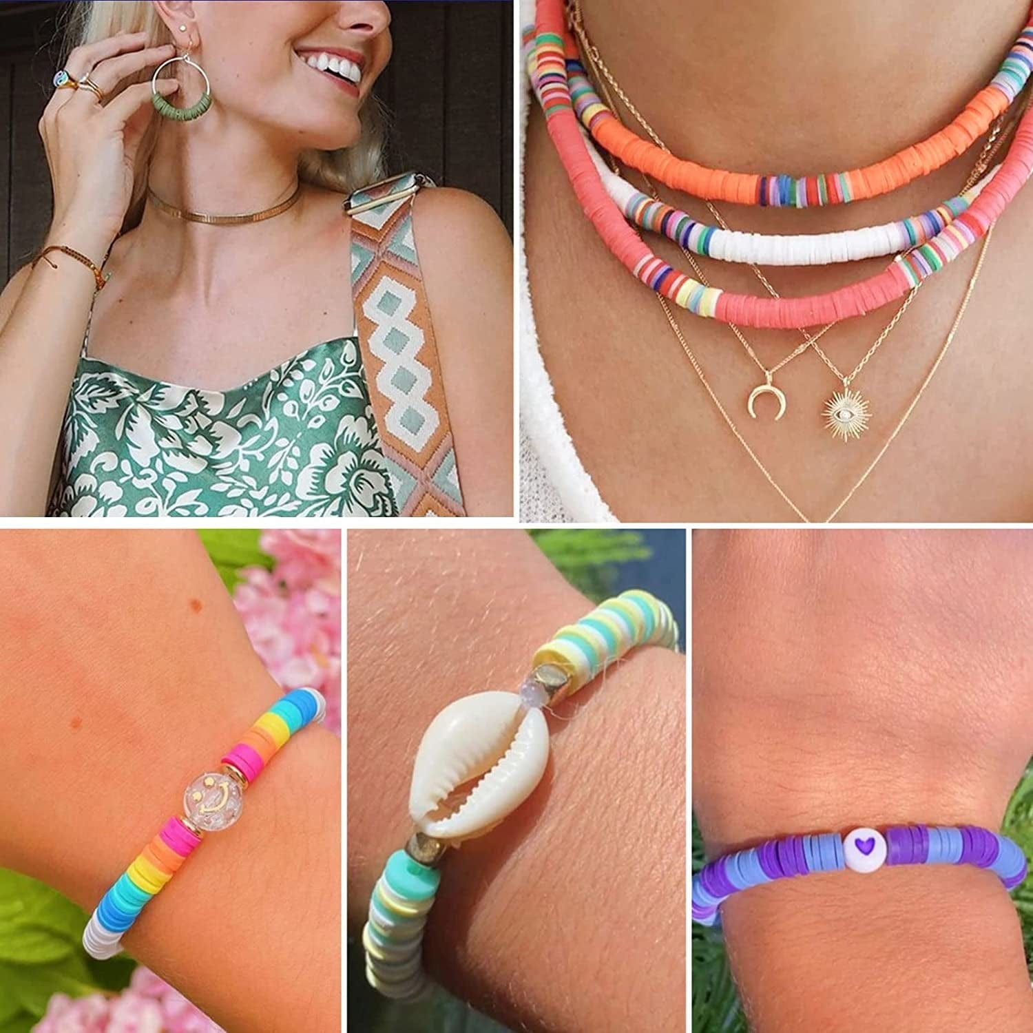 6000 Pcs Clay Beads for Bracelet Making, 24 Colors Flat round Polymer Clay Beads 6Mm Spacer Heishi Beads with Pendant Charms Kit and Elastic Strings for Jewelry Making Kit Bracelets Necklace